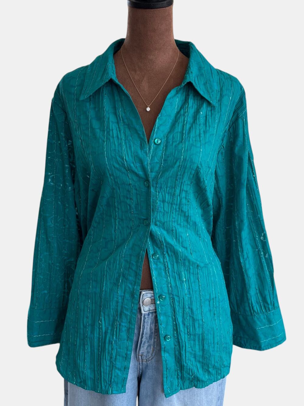 00s JM Collection Turquoise Sequin Embellished Crinkle Top Button Front Size 16
